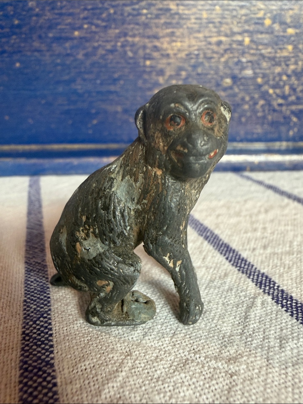 Vintage Miniature Cast Iron Monkey Figurine - Antique Small Metal Collectible